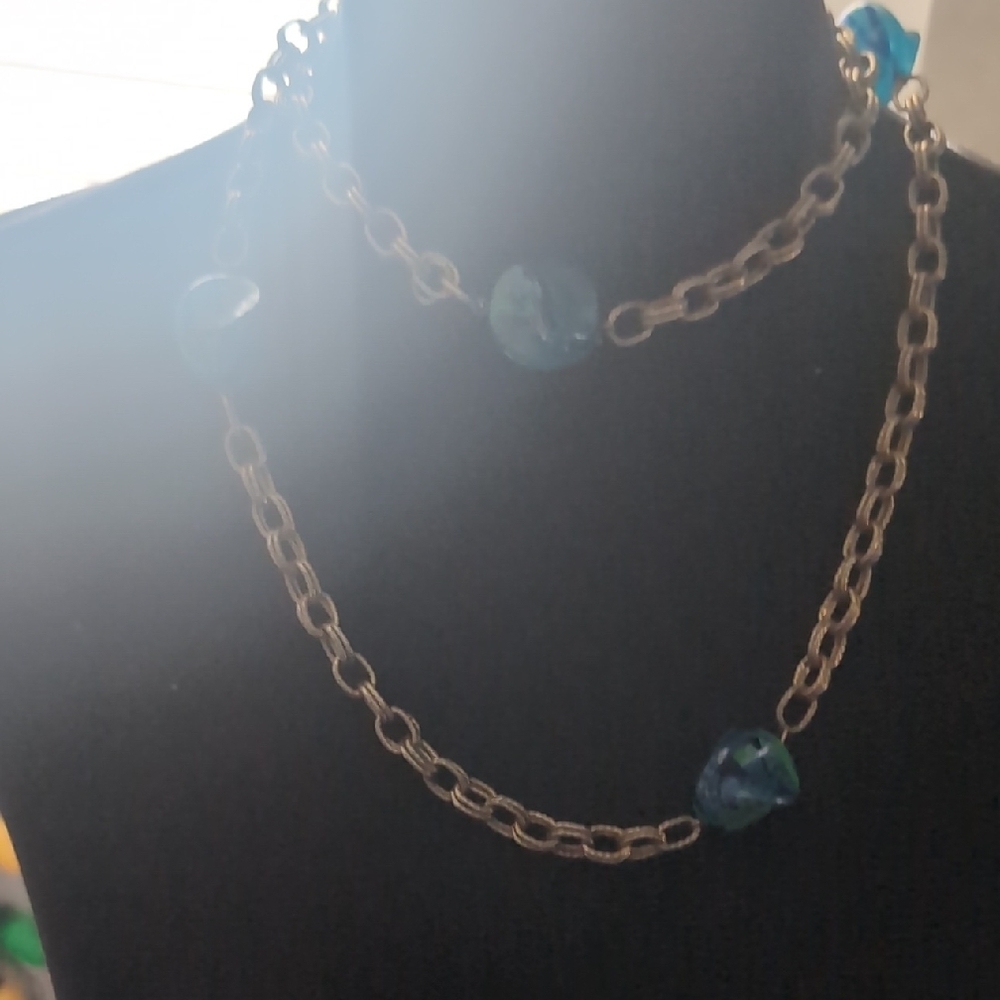 VINTAGE BLUE CERAMIC SCARAB FOCAL BEADS Gold Links Long Necklace